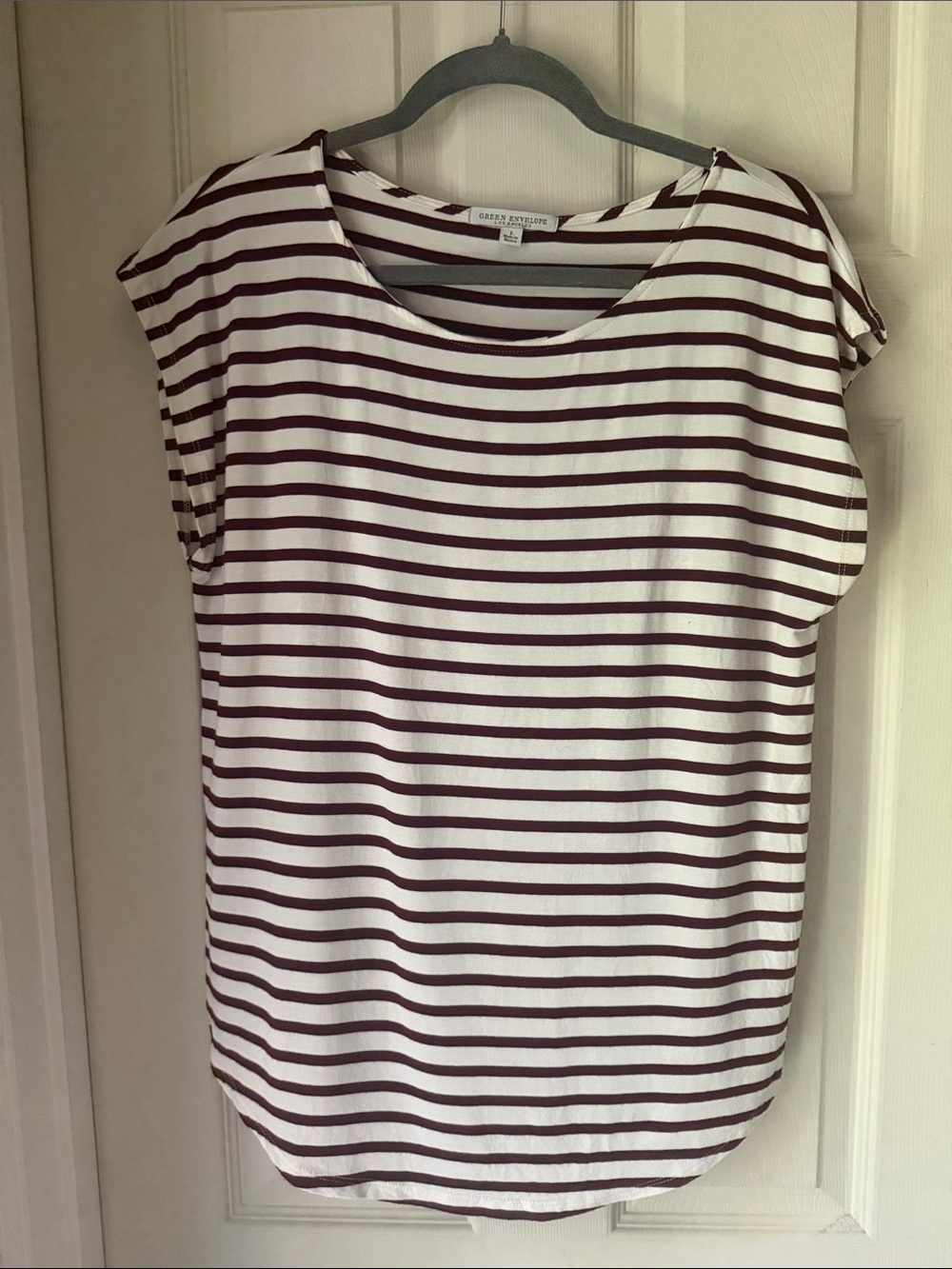 Green Envelope White and Burgundy Striped Cap Sleeve Tee